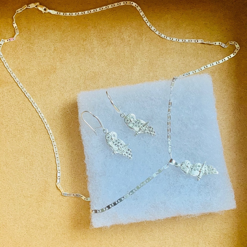 Silver Owl Necklace & Earring Set